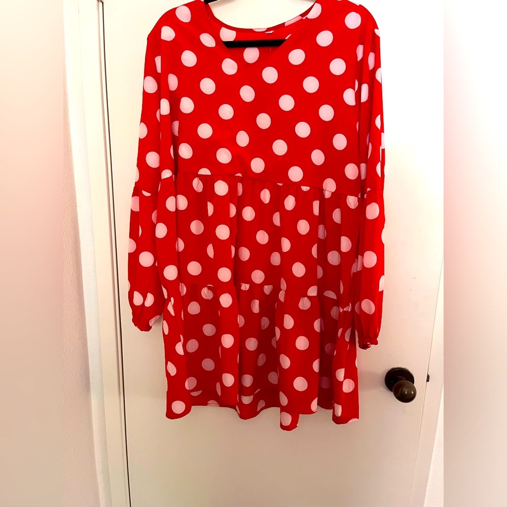 2x red and white polkadot dress with long sleeves